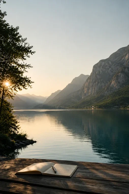 Carnet ouvert sur une table en bois face à un lac paisible et des montagnes au lever du soleil, évoquant la prise de recul et la réflexion stratégique.